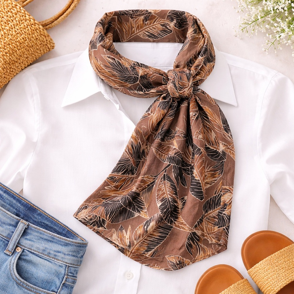 Vintage Korean Silk Scarf Brown Leaf Print Oblong 40”